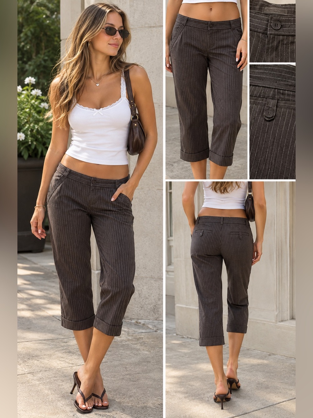 Vintage Low Rise Y2K Old Navy Brown & Grey Pinstripe Cropped Capri Pants Size 18